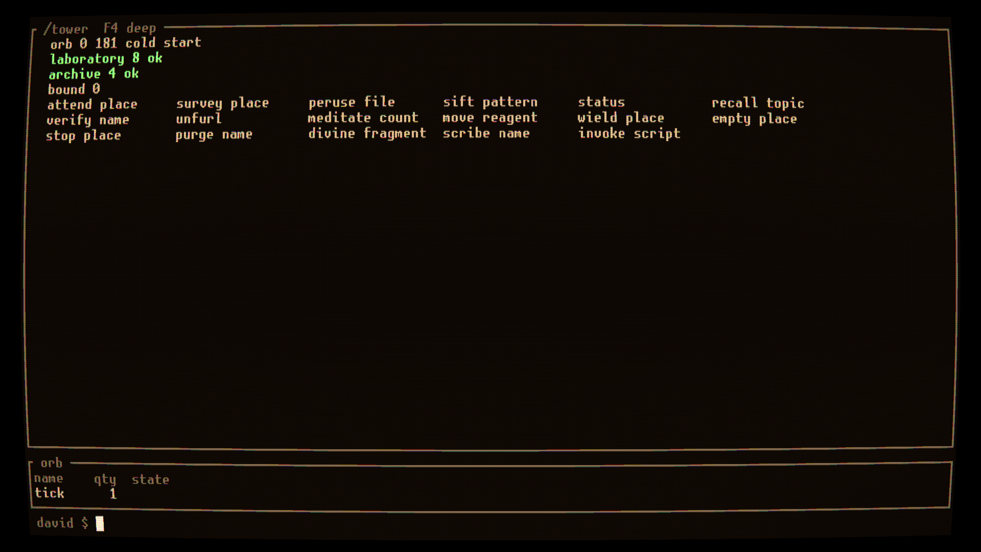The O.R.B.S. screen at cold start, in amber phosphor on black. A single box-drawn pane headed ‘/tower  F4 deep’ curves slightly at the edges from the CRT barrel distortion. Inside it: ‘orb 0 181 cold start’, then ‘laboratory 8 ok’ and ‘archive 4 ok’ with the ‘ok’ in green, then ‘bound 0’, then a four-column table of the verbs the orb currently knows — attend, survey, peruse, sift, status, recall, verify, unfurl, meditate, move, wield, empty, stop, purge, divine, scribe, invoke. Below, a second pane headed ‘orb’ shows a telemetry table reading ‘tick 1’. At the bottom, the input line: ‘david $’ with a block cursor.